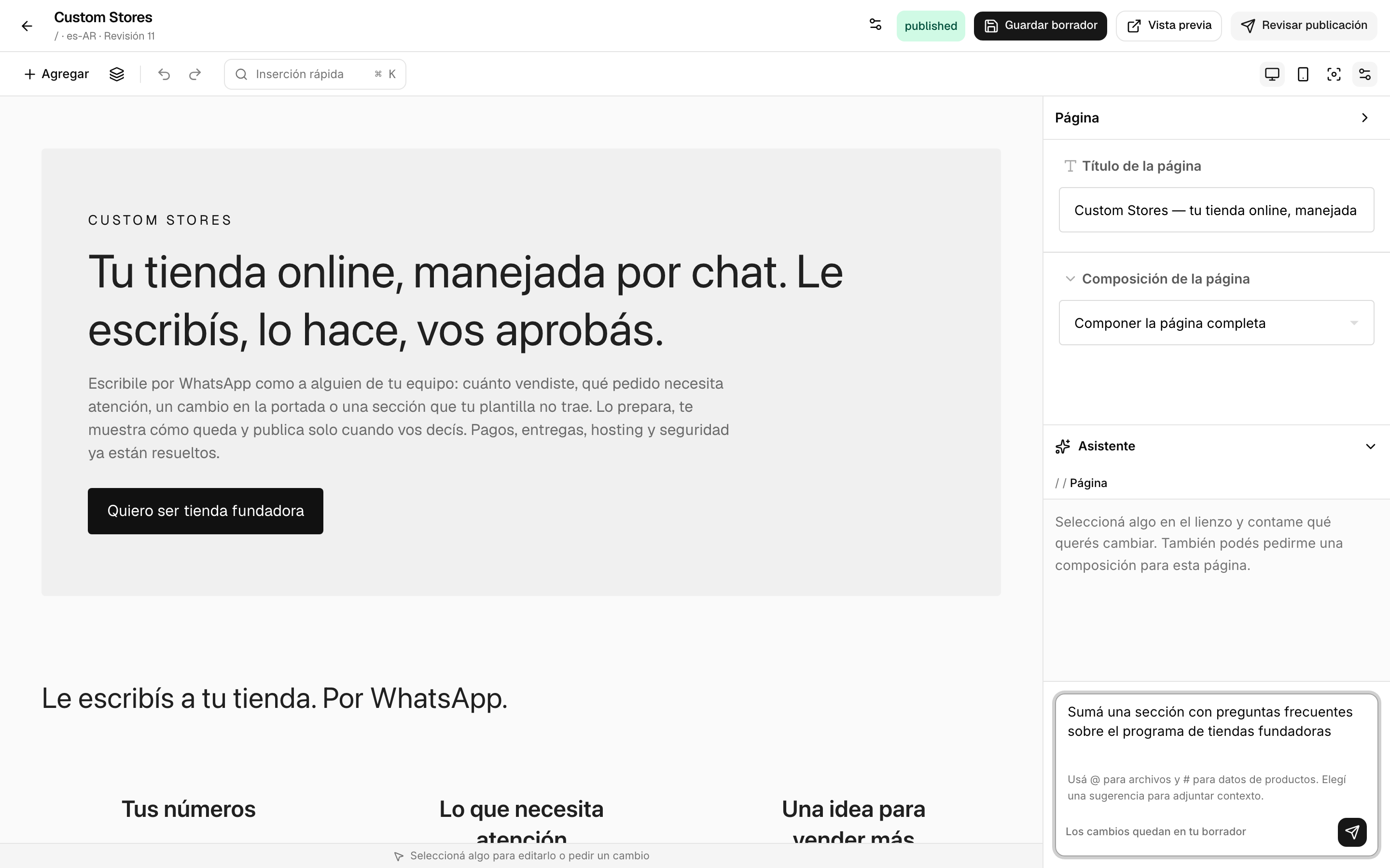 El editor visual de Custom Stores editando esta misma página, con un pedido escrito en el asistente